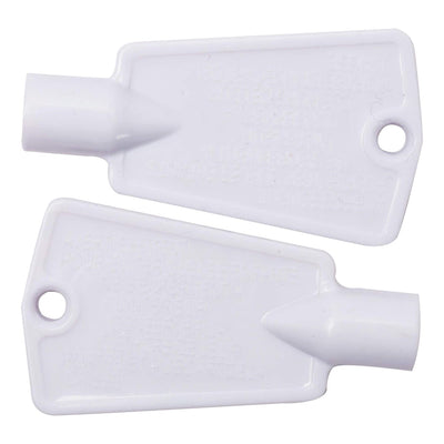 Two white replacement refrigerator door lock keys for Frigidaire, Kenmore, and Electrolux freezers.