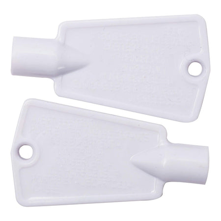 Two white replacement refrigerator door lock keys for Frigidaire, Kenmore, and Electrolux freezers.
