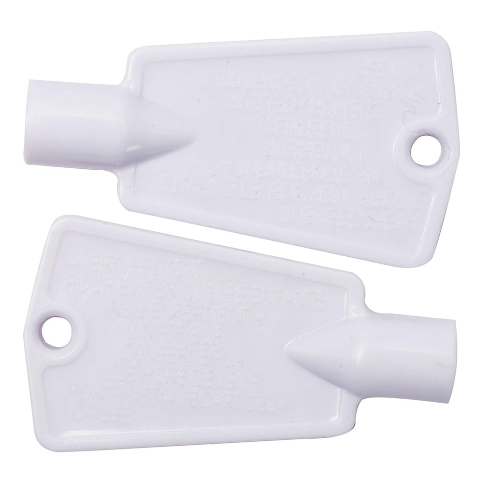 Two white replacement refrigerator door lock keys for Frigidaire, Kenmore, and Electrolux freezers.