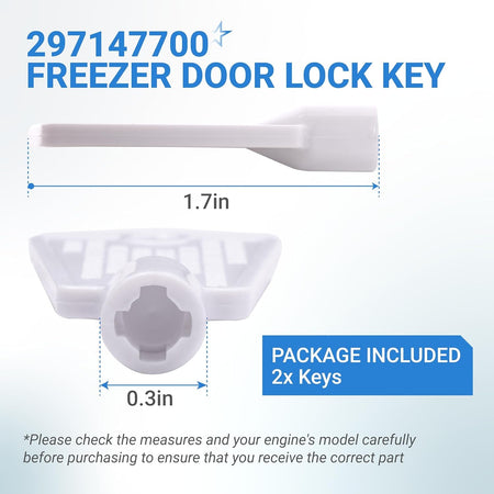 Dimensional diagram of 297147700 white freezer door lock key showing 1.7-inch length and 0.3-inch width.