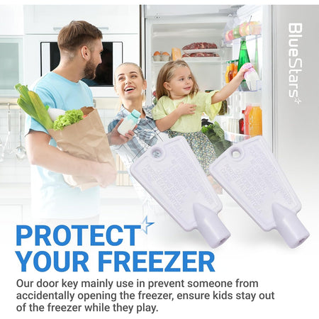 Two white refrigerator door lock keys for Frigidaire and Kenmore freezers shown in a lifestyle product advertisement.