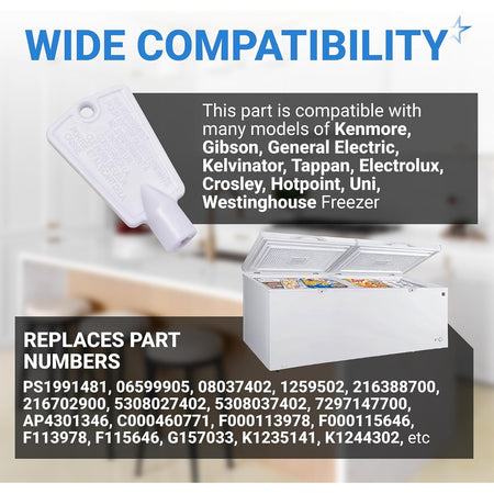Infographic showing 297147700 refrigerator door lock key compatibility and replacement part numbers for chest freezers.
