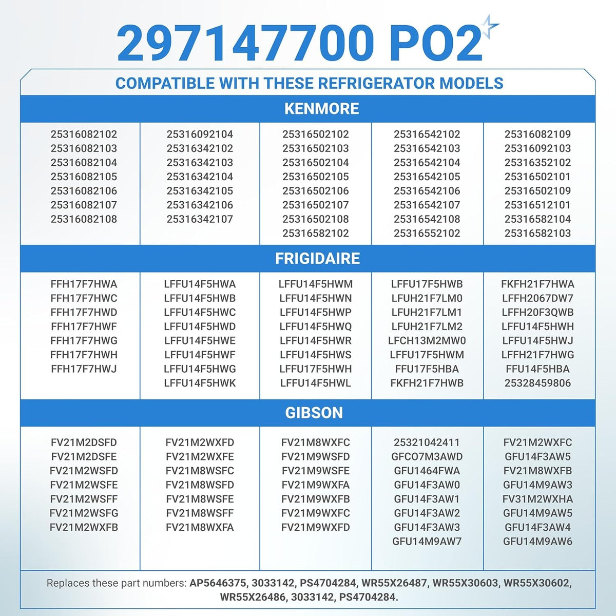 Compatibility chart for 297147700 refrigerator door lock key listing Kenmore, Frigidaire, and Gibson model numbers.