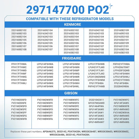 Compatibility chart for 297147700 refrigerator door lock key listing Kenmore, Frigidaire, and Gibson model numbers.