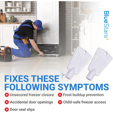 Two white refrigerator door lock keys with infographic showing freezer repair symptoms and benefits.