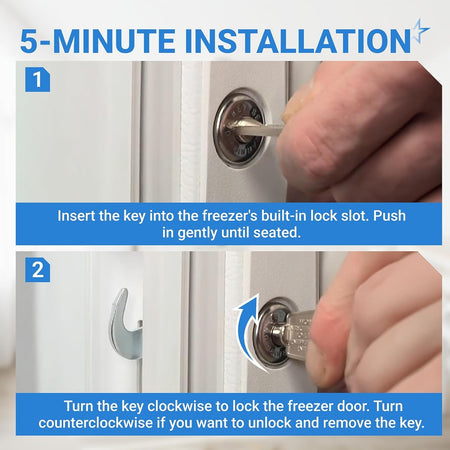Installation guide showing how to insert and turn the 297147700 refrigerator door lock key in a freezer lock.