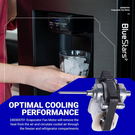 240369701 Refrigerator Evaporator Fan Motor shown in a promotional graphic with a refrigerator water dispenser.