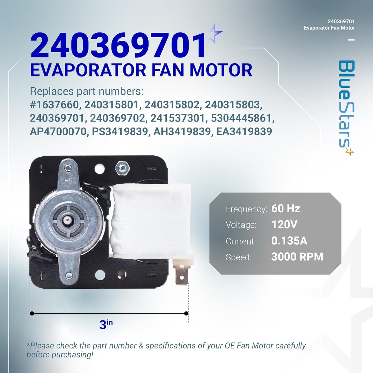 240369701 refrigerator evaporator fan motor with technical specifications and dimensions shown on a product infographic.