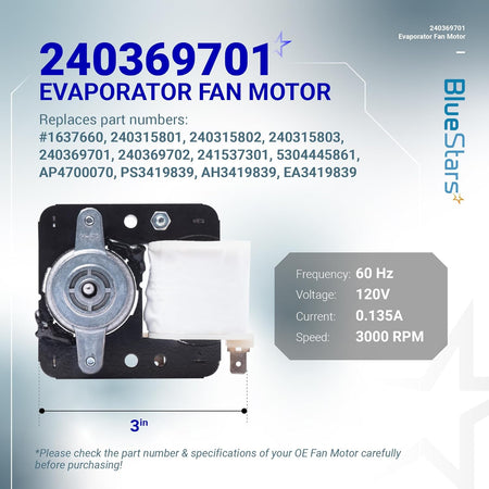 240369701 refrigerator evaporator fan motor with technical specifications and dimensions shown on a product infographic.
