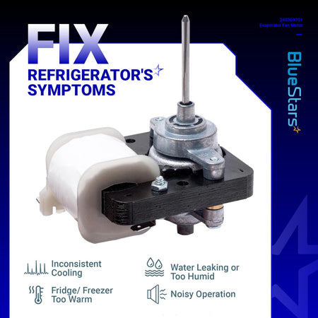 240369701 refrigerator evaporator fan motor replacement part for Frigidaire, Kenmore, and Electrolux appliances.
