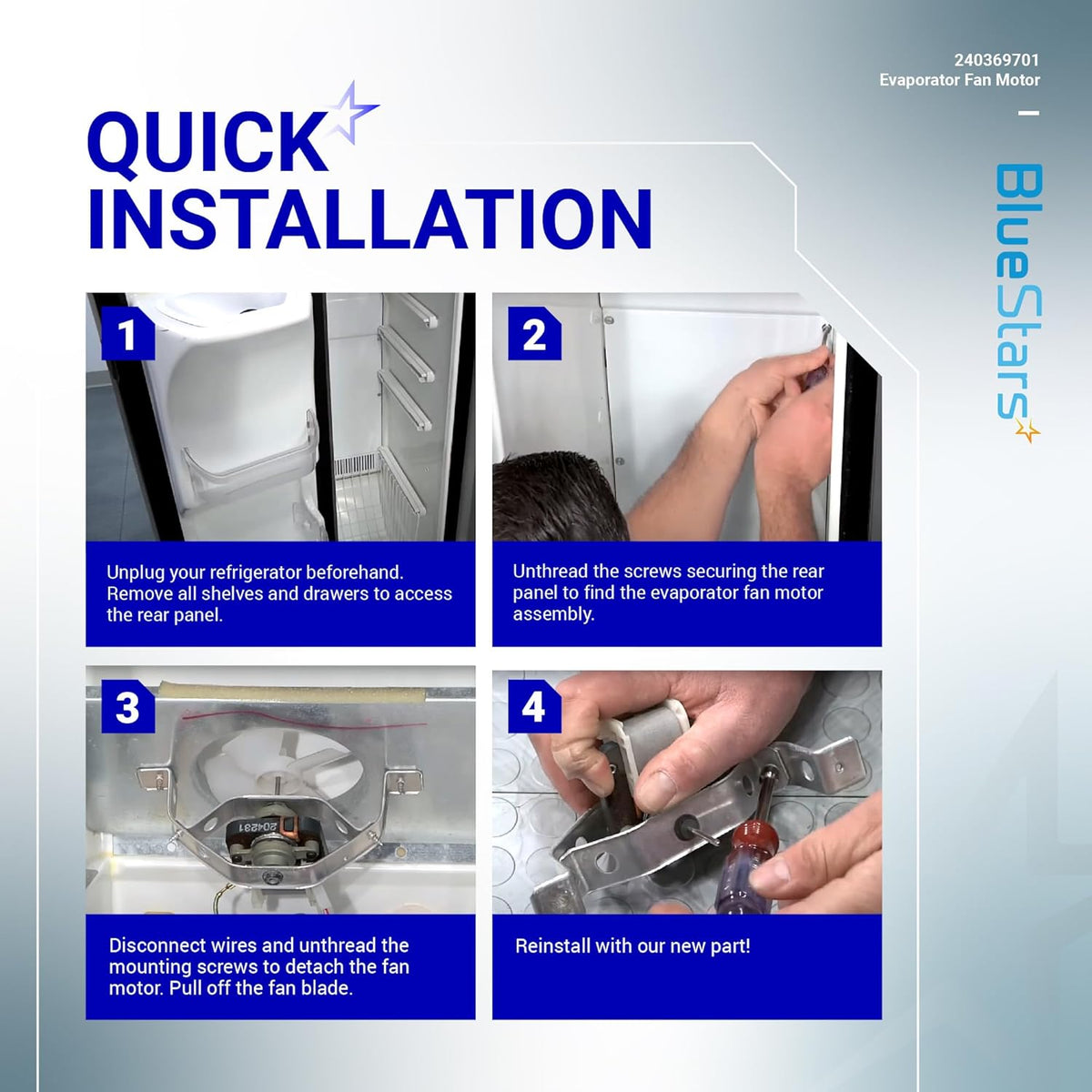 Four-step installation guide for 240369701 refrigerator evaporator fan motor replacement.