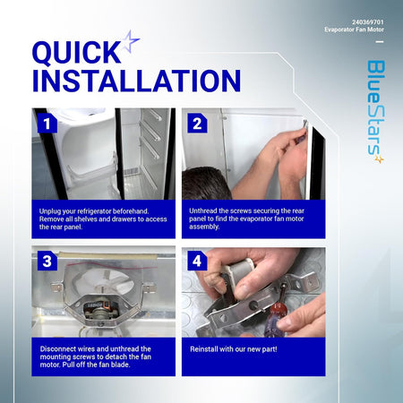 Four-step installation guide for 240369701 refrigerator evaporator fan motor replacement.