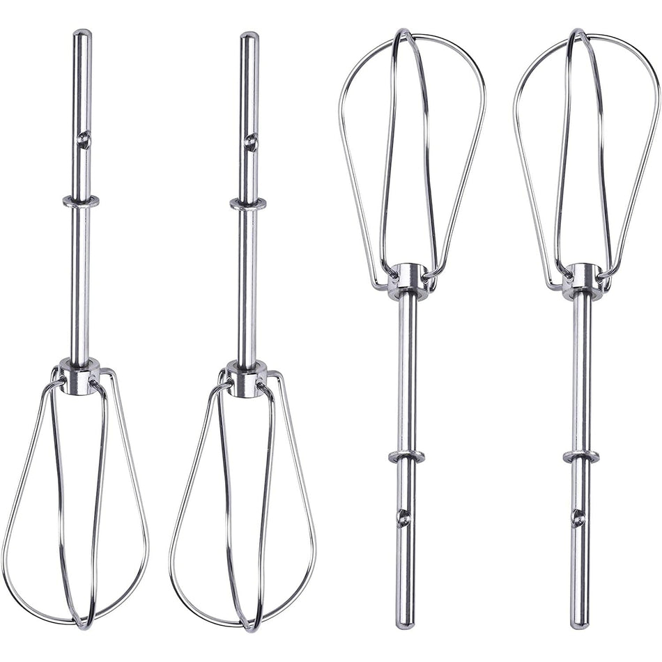 Set of four W10490648 stainless steel turbo beater attachments for hand mixers.