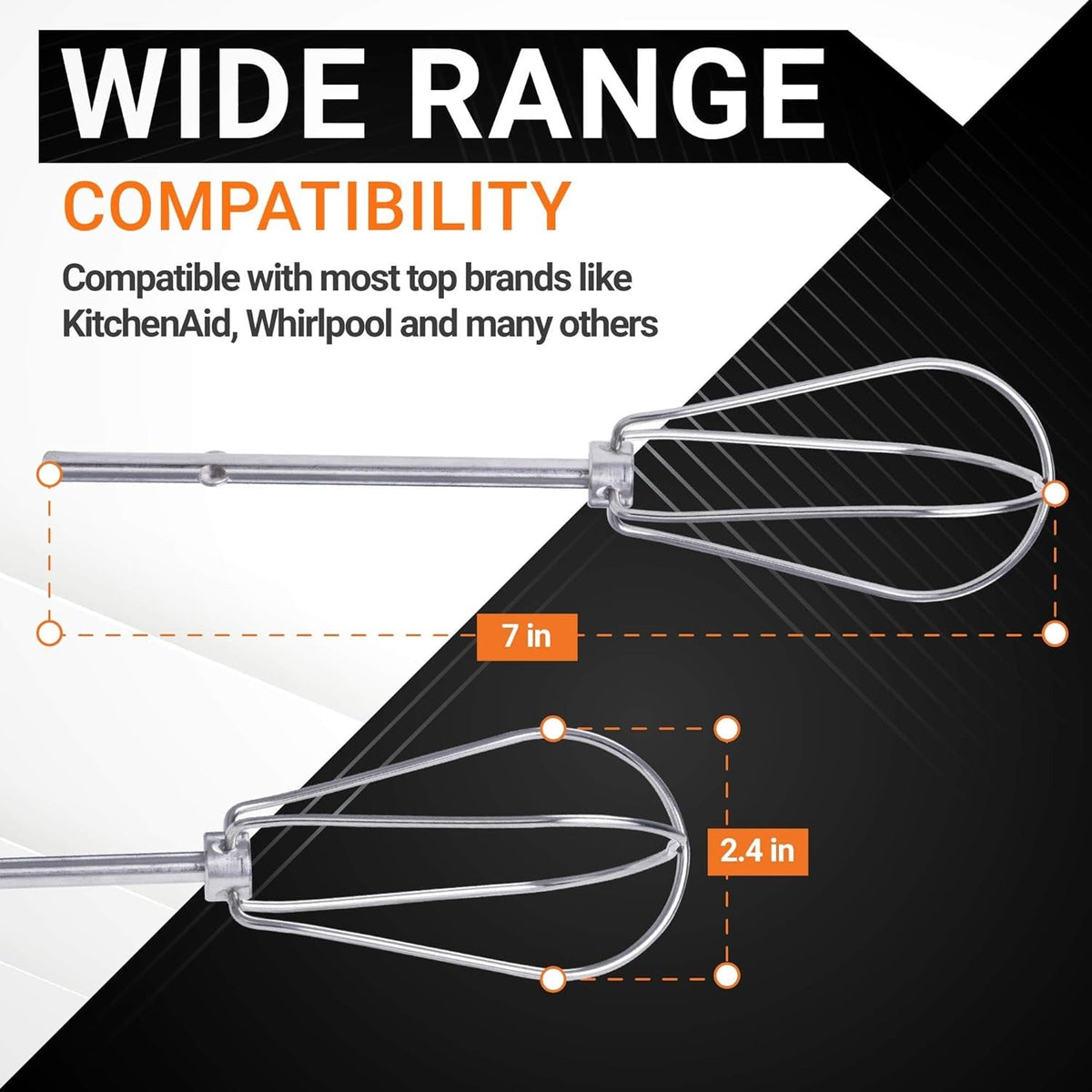 W10490648 hand mixer turbo beater dimensions diagram showing 7-inch length and 2.4-inch width.