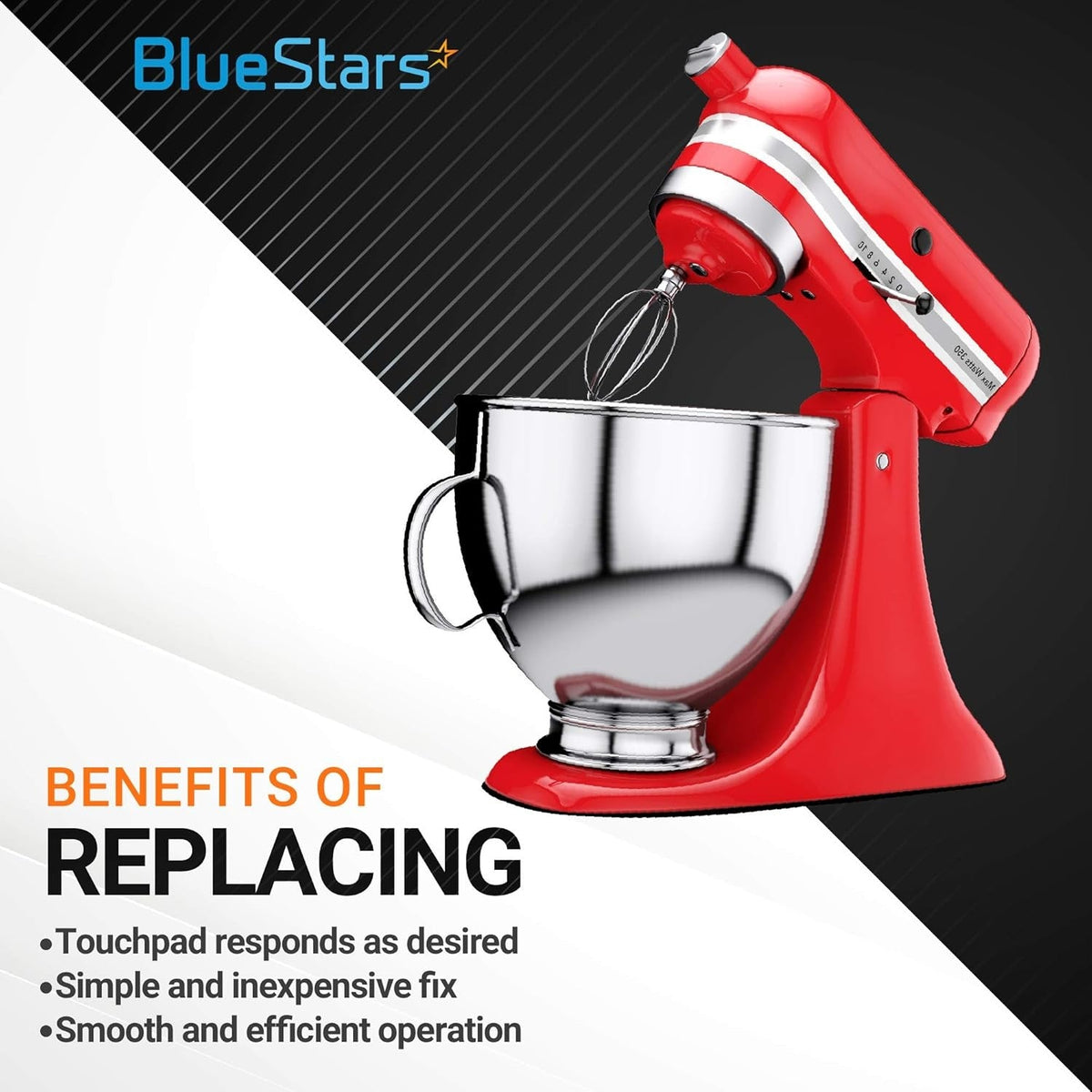 Red stand mixer with stainless steel bowl and wire whisk attachment for W10490648 replacement parts.