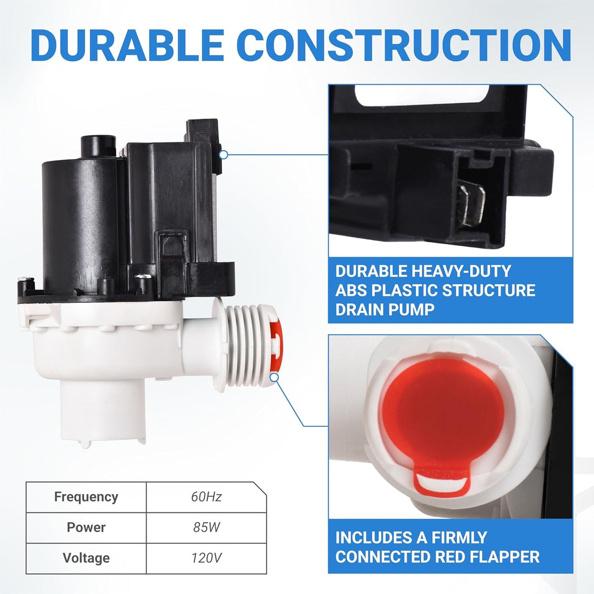 Washer drain pump 137221600 showing durable ABS construction, electrical terminal, and red flapper detail.