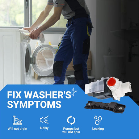 137221600 washer drain pump replacement shown with technician fixing common drainage and leaking symptoms.