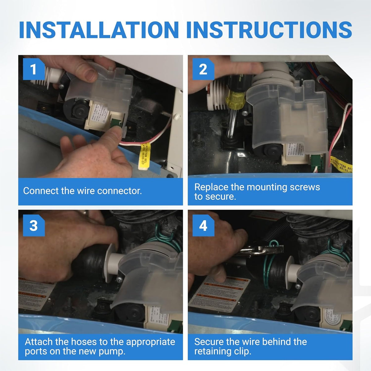 Four-step installation guide for 137221600 washer drain pump showing wire connection, mounting, and hose attachment.