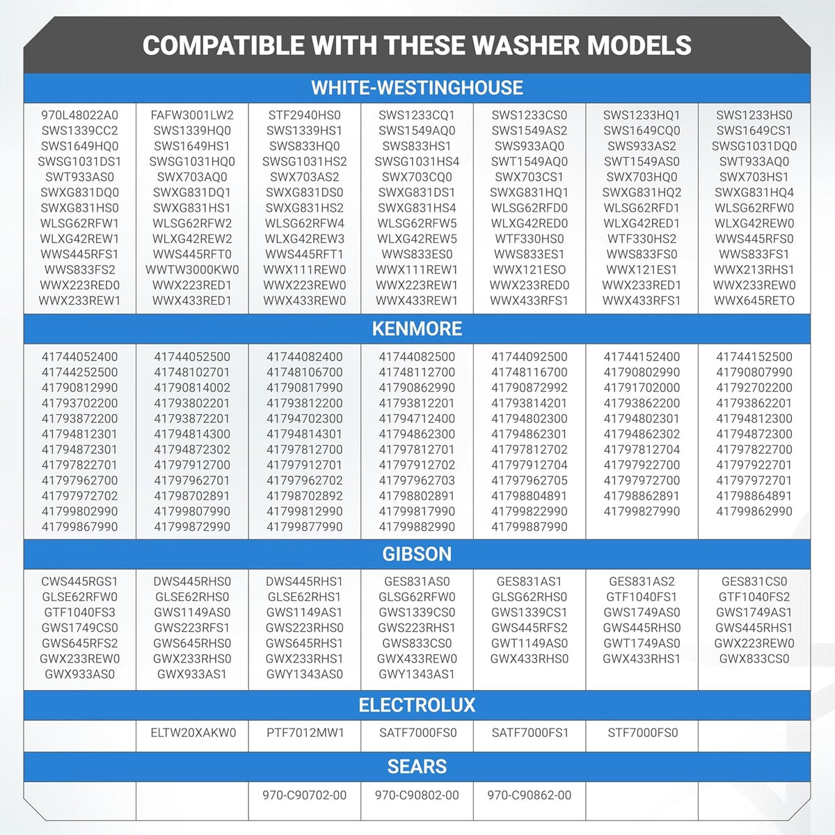 Compatibility chart for 137221600 washer drain pump listing compatible White-Westinghouse, Kenmore, Gibson, and Electrolux mo