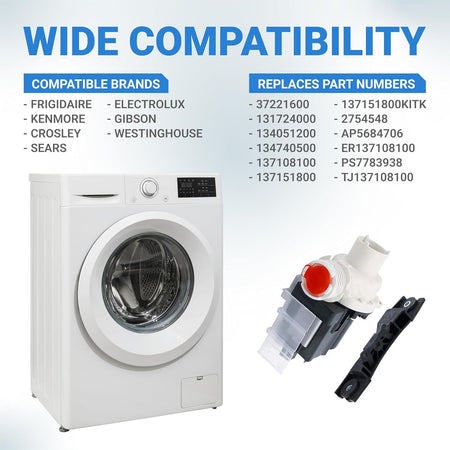 Compatibility chart for 137221600 washer drain pump showing compatible brands and replacement part numbers.