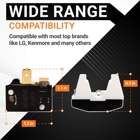 6750C-0004R refrigerator overload protector showing dimensions and compatibility for LG and Kenmore refrigerators.