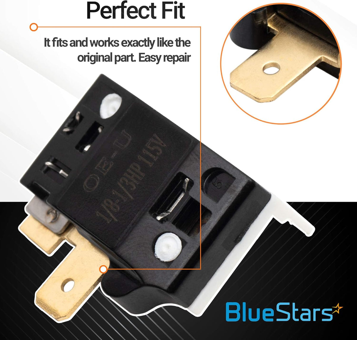 Close-up of 6750C-0004R refrigerator overload protector showing terminal pins and 1/8-1/3HP 115V specifications.