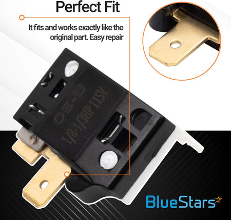 Close-up of 6750C-0004R refrigerator overload protector showing terminal pins and 1/8-1/3HP 115V specifications.