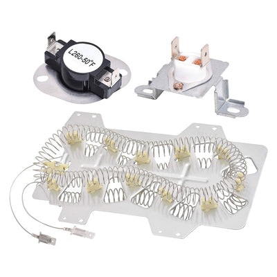 Samsung dryer heating element, thermostat, and thermal fuse replacement kit for compatible dryer models.