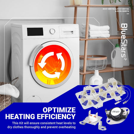 Samsung dryer heating element, thermostat, and thermal fuse repair kit for consistent heating efficiency.