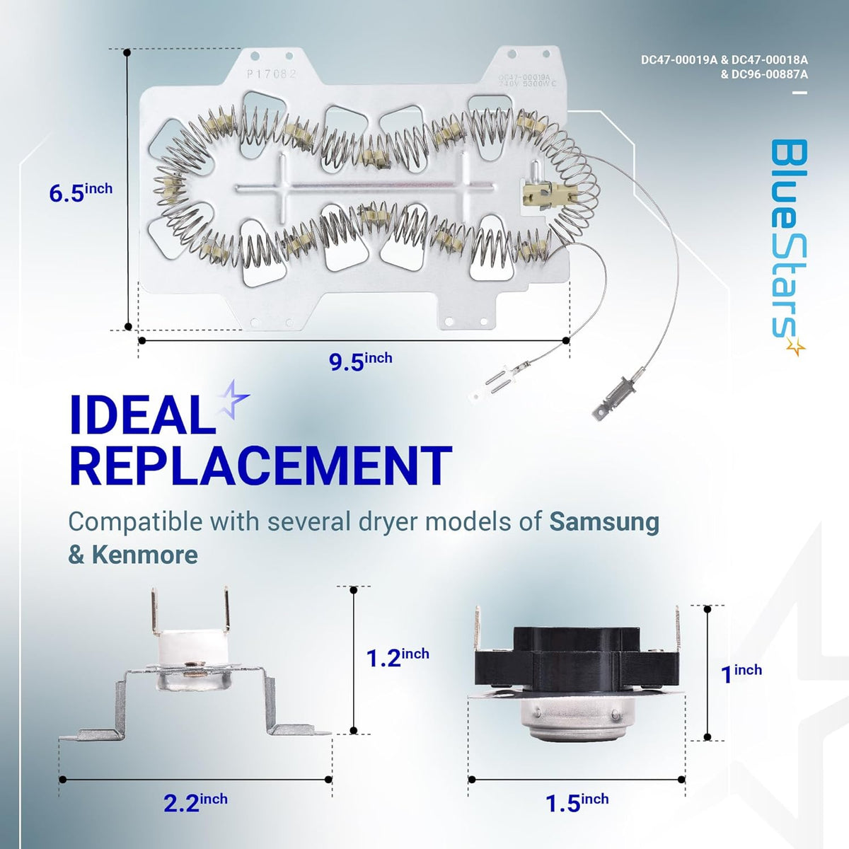 Samsung dryer heating element, thermostat, and thermal fuse replacement kit with dimensions shown.
