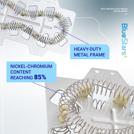 Close-up of DC47-00019A dryer heating element showing heavy-duty metal frame and nickel-chromium heating coils.
