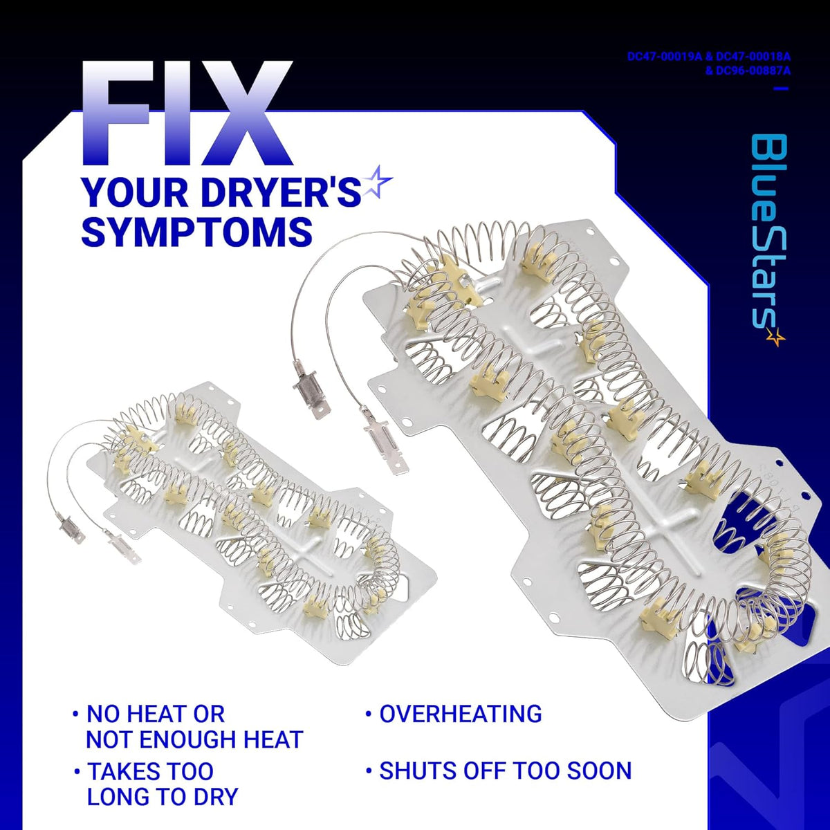 Two DC47-00019A dryer heating elements with attached coils and terminals for Samsung dryers.