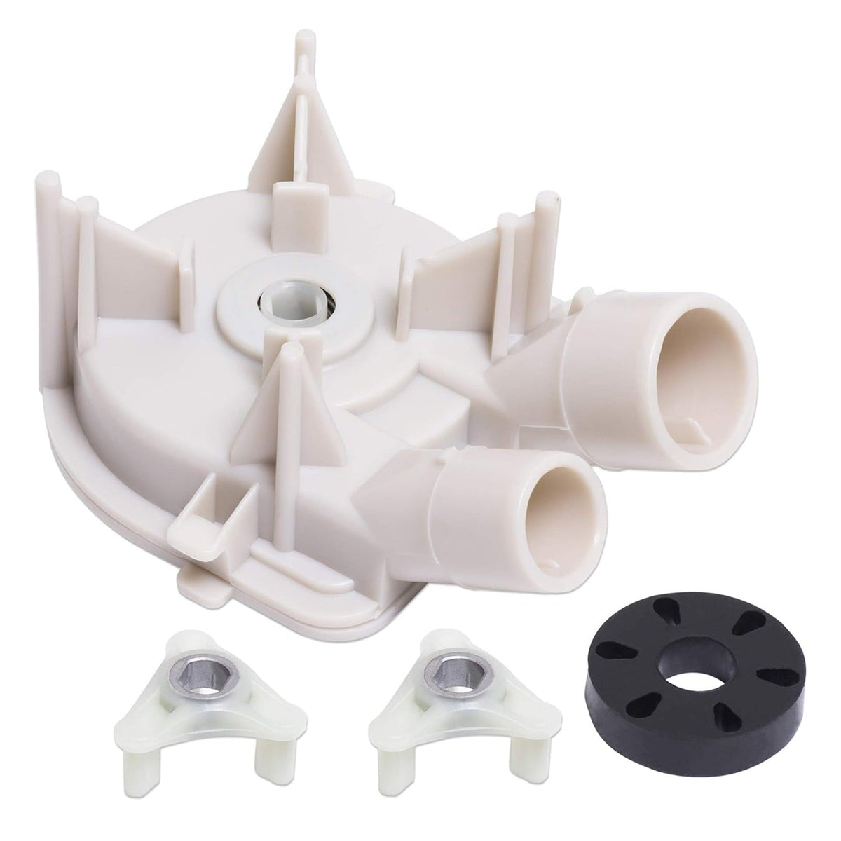 Washer drain pump assembly with motor coupling kit for Whirlpool and Kenmore washing machines.