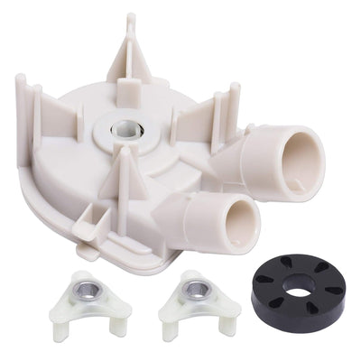 Washer drain pump assembly with motor coupling kit for Whirlpool and Kenmore washing machines.