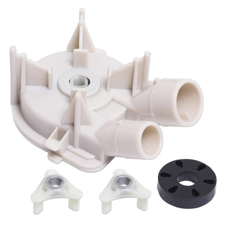 Washer drain pump assembly with motor coupling kit for Whirlpool and Kenmore washing machines.