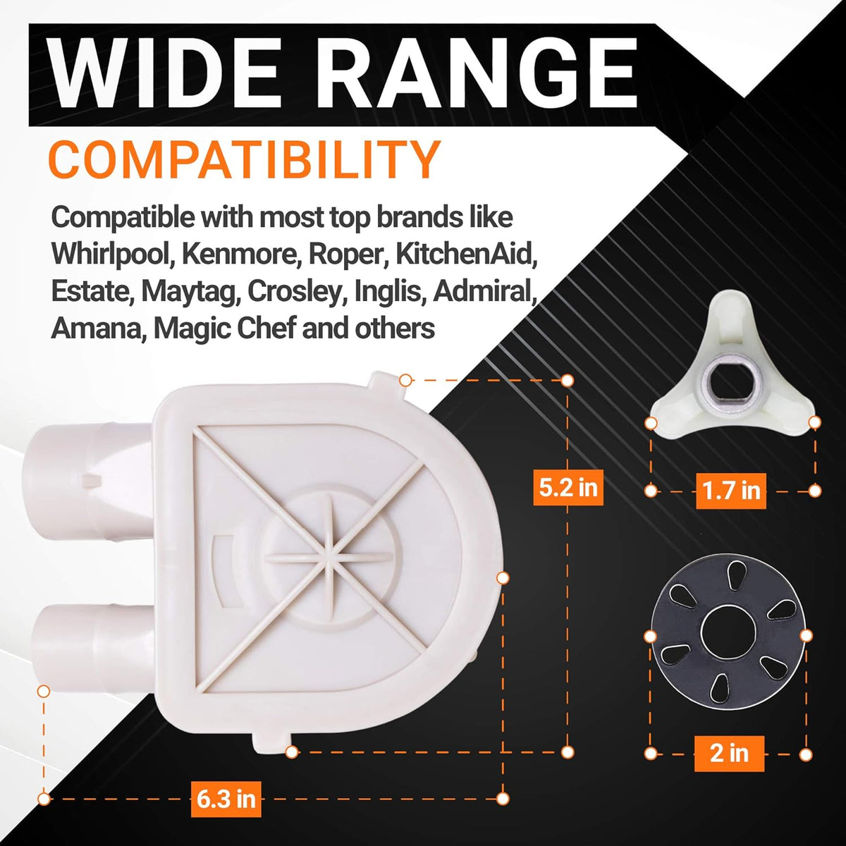 Washer drain pump and motor coupling kit with dimensions for Whirlpool and Kenmore compatibility.