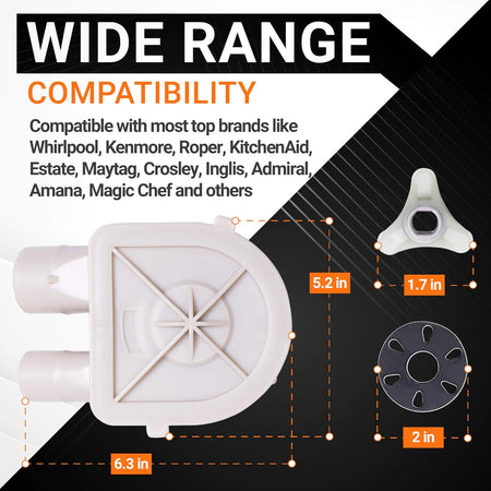 Washer drain pump and motor coupling kit with dimensions for Whirlpool and Kenmore compatibility.