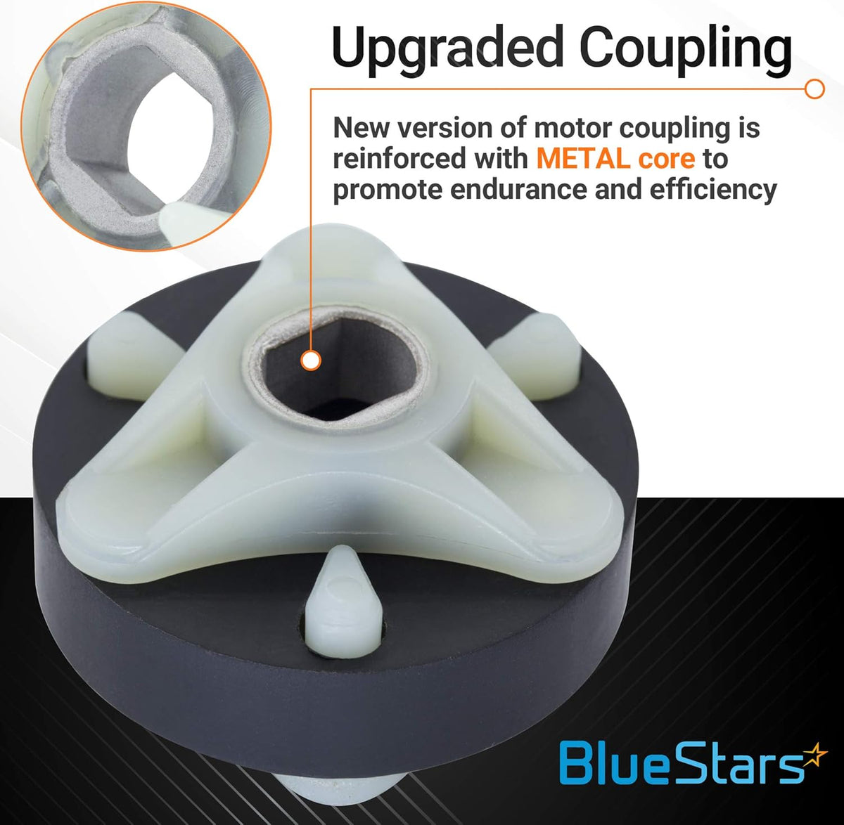 Close-up of washer motor coupling with reinforced metal core for Whirlpool and Kenmore washing machines.
