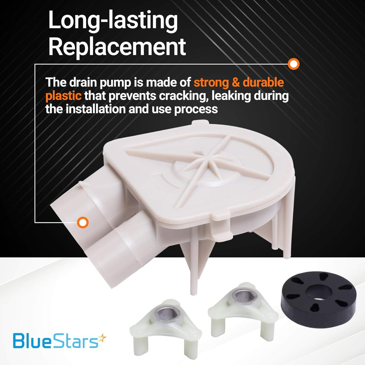Replacement washer drain pump and motor coupling kit for Whirlpool and Kenmore washing machines.
