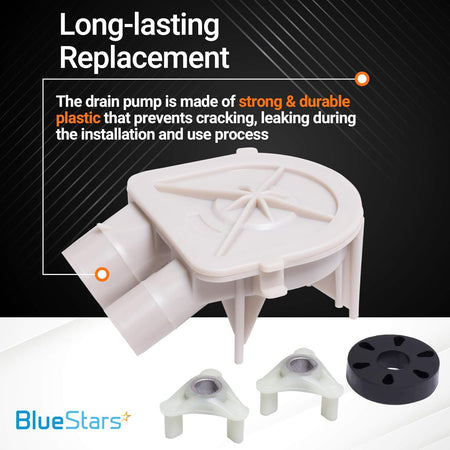 Replacement washer drain pump and motor coupling kit for Whirlpool and Kenmore washing machines.
