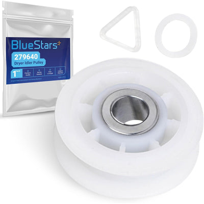 279640 Dryer Idler Pulley Replacement, white pulley with bearing, ring, clip, and BlueStars packaging
