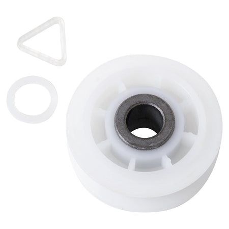 Dryer idler pulley replacement with included washer and triangular clip for Whirlpool and Kenmore dryers.
