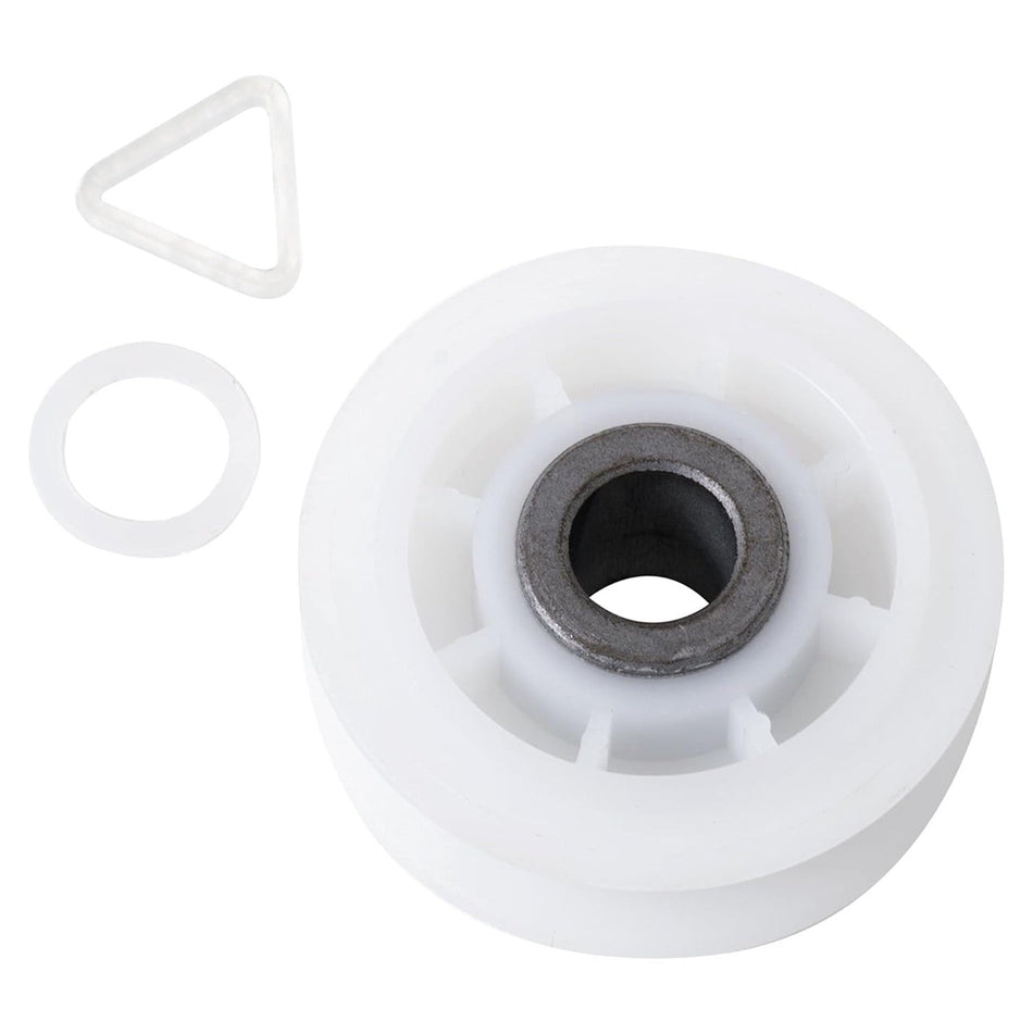 Dryer idler pulley replacement with included washer and triangular clip for Whirlpool and Kenmore dryers.