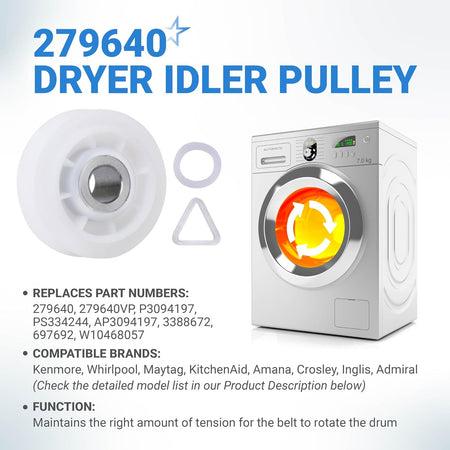 279640 Dryer Idler Pulley graphic showing the pulley, washer, triangle bracket, and front-loading dryer