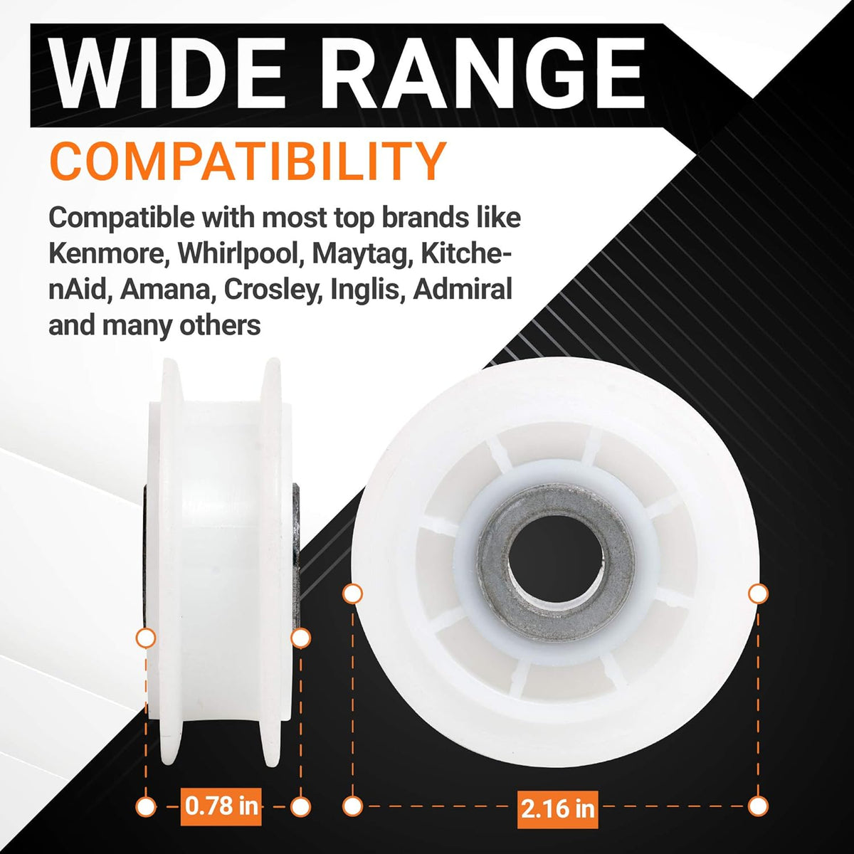 279640 dryer idler pulley showing dimensions of 0.78 inch width and 2.16 inch diameter for broad brand compatibility.