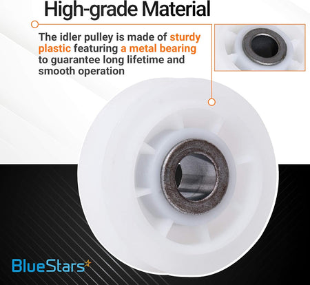Close-up of 279640 dryer idler pulley showing durable white plastic construction and central metal bearing.