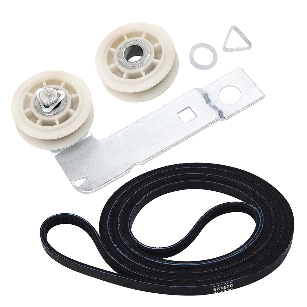 Dryer drum belt and idler pulley kit with mounting bracket and hardware for Whirlpool, Maytag, and Kenmore dryers.