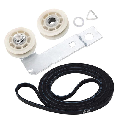 Dryer drum belt and idler pulley kit with mounting bracket and hardware for Whirlpool, Maytag, and Kenmore dryers.