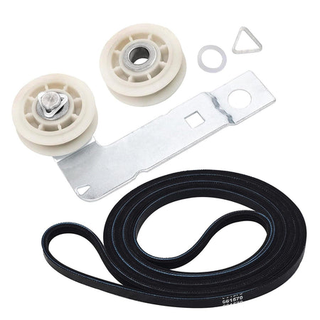Dryer drum belt and idler pulley kit with mounting bracket and hardware for Whirlpool, Maytag, and Kenmore dryers.