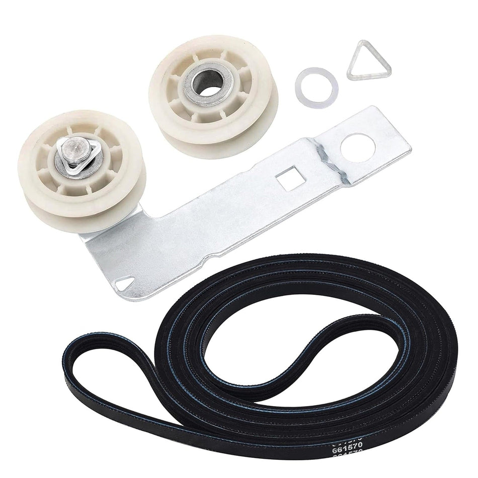 Dryer drum belt and idler pulley kit with mounting bracket and hardware for Whirlpool, Maytag, and Kenmore dryers.
